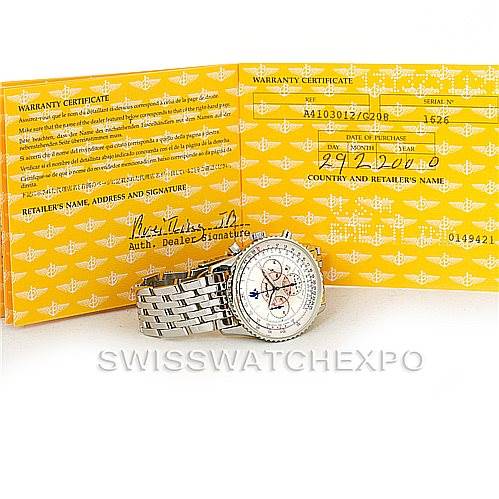 The image shows a Breitling Navitimer A41030 Men
s Stainless Steel Silver Dial A41030 Men
s Stainless Steel Silver Dial watch with a metal bracelet displayed alongside its warranty certificate.
