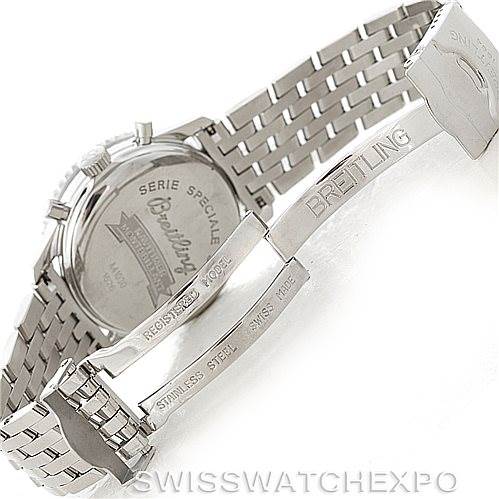 The image shows the back case and opened stainless steel bracelet of the Breitling Navitimer A41030 Men
s Stainless Steel Silver Dial A41030 Men
s Stainless Steel Silver Dial watch.