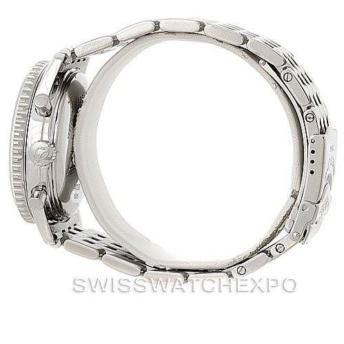 The image shows a side view of a Breitling Navitimer A41030 Men
s Stainless Steel Silver Dial A41030 Men
s Stainless Steel Silver Dial watch, highlighting the bracelet, bezel, and crown.