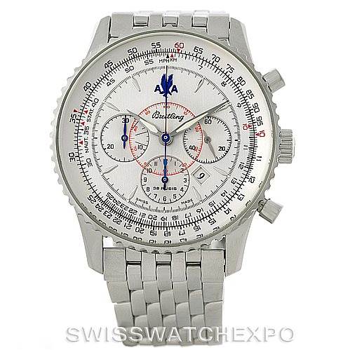 The image shows a front view of the Breitling Navitimer A41030 Men
s Stainless Steel Silver Dial A41030 Men
s Stainless Steel Silver Dial watch with its stainless steel bracelet and detailed chronograph dial.