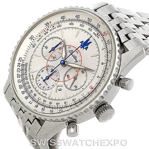 The image shows a Breitling Navitimer A41030 Men
s Stainless Steel Silver Dial A41030 Men
s Stainless Steel Silver Dial watch angled from the front left, highlighting the face, crown, pushers, and metal bracelet.