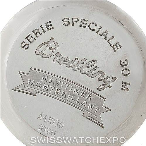 The image shows the back of a Breitling Navitimer A41030 Men
s Stainless Steel Silver Dial A41030 Men
s Stainless Steel Silver Dial Montbrillant watch with engraved details.