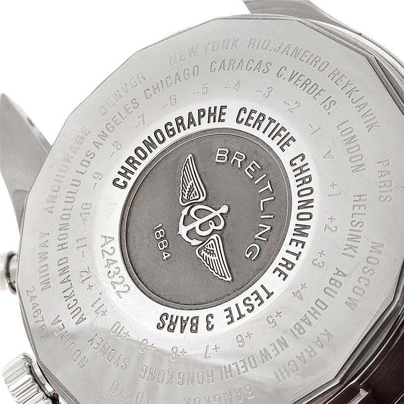 The image shows the back case of a Breitling Navitimer A24322 Men's Stainless Steel Black Dial A24322 Men's Stainless Steel Black Dial watch with its engraved details and logo.