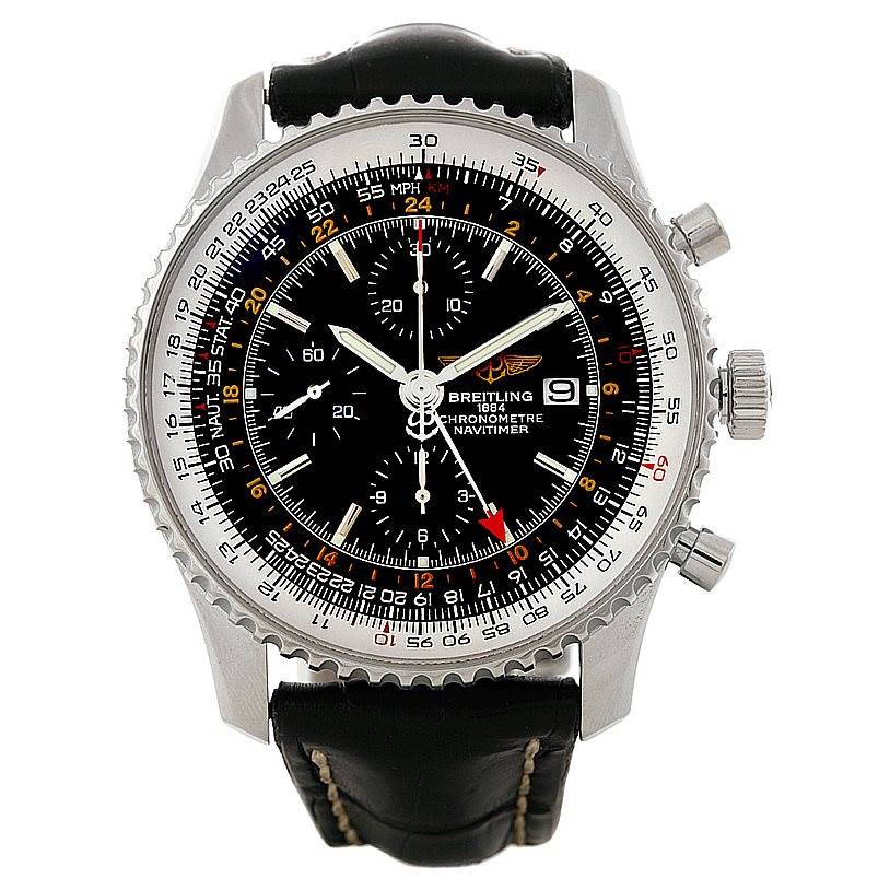 The image shows a Breitling Navitimer A24322 Men's Stainless Steel Black Dial A24322 Men's Stainless Steel Black Dial watch from a top-down angle, highlighting its face, bezel, chronograph dials, and black leather strap.