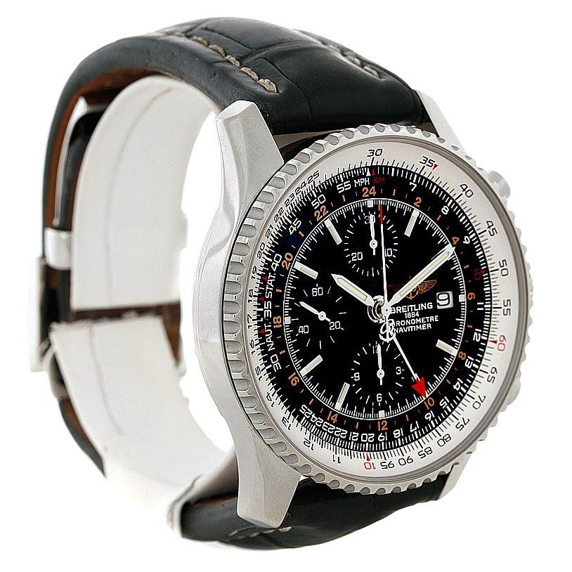 The image shows a Breitling Navitimer A24322 Men's Stainless Steel Black Dial A24322 Men's Stainless Steel Black Dial watch at a side angle, highlighting the dial, bezel, and partial black leather strap.