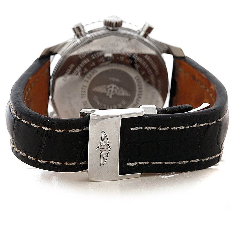 The image displays the back view of a Breitling Navitimer A24322 Men's Stainless Steel Black Dial A24322 Men's Stainless Steel Black Dial watch, showcasing its clasp and case back.