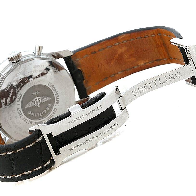 The image shows the back casing and clasp of a Breitling Navitimer A24322 Men's Stainless Steel Black Dial A24322 Men's Stainless Steel Black Dial watch, highlighting the brand engravings.