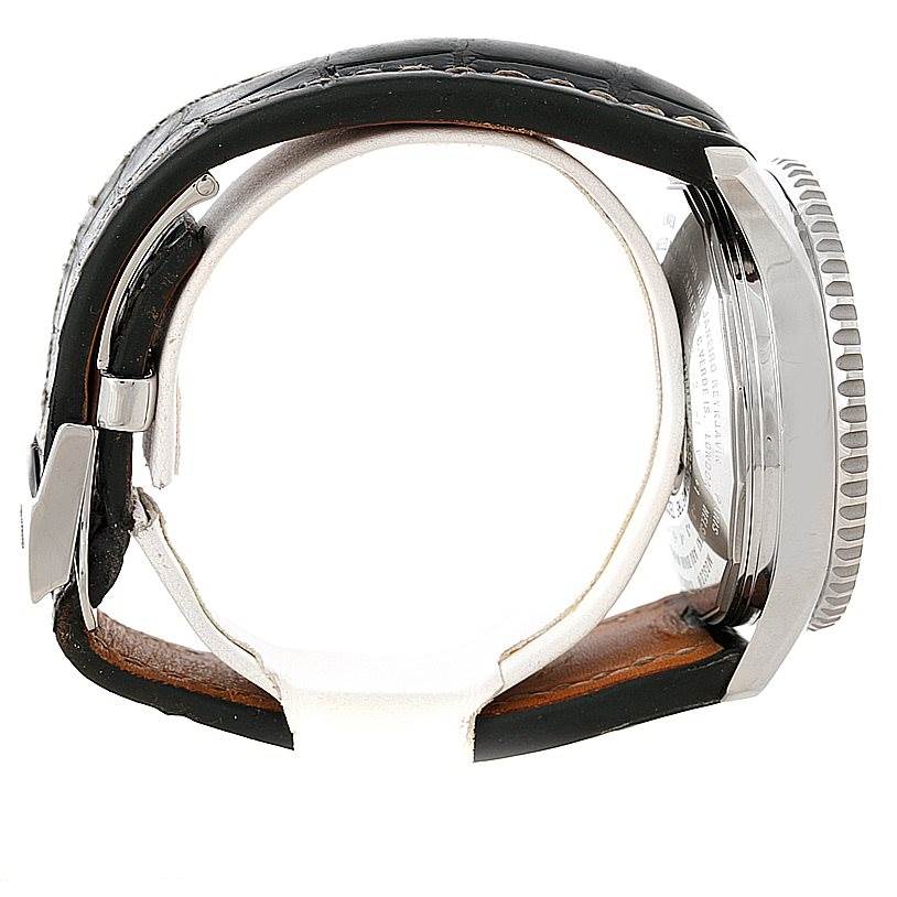 This image shows a side view of the Breitling Navitimer A24322 Men's Stainless Steel Black Dial A24322 Men's Stainless Steel Black Dial watch, highlighting the case, bezel, and leather strap.