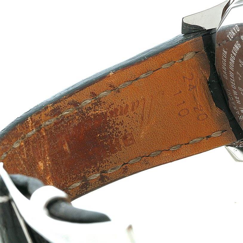 The image shows the underside of the leather strap and part of the case back for the Breitling Navitimer A24322 Men's Stainless Steel Black Dial A24322 Men's Stainless Steel Black Dial watch.