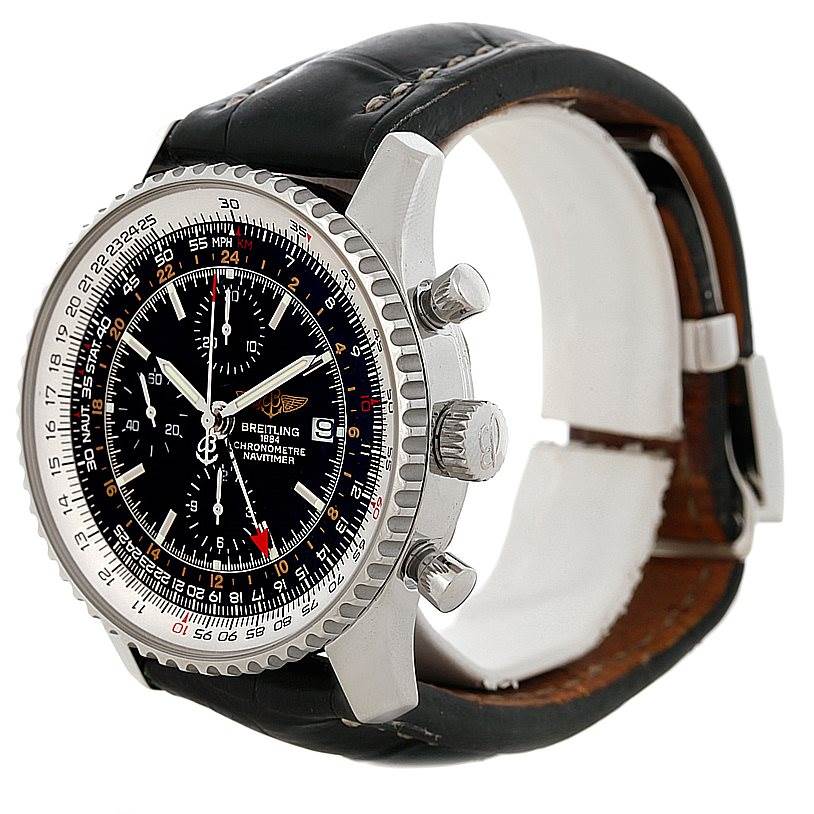 This image shows a side angle of the Breitling Navitimer A24322 Men's Stainless Steel Black Dial A24322 Men's Stainless Steel Black Dial watch, highlighting the dial, bezel, crown, pushers, and leather strap.