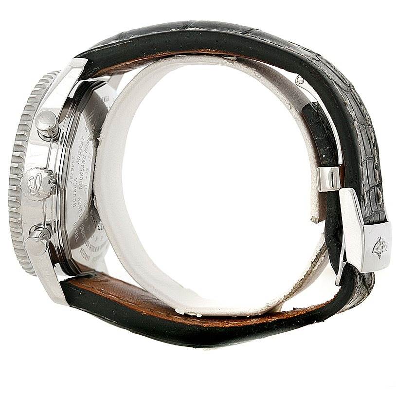 The image shows the side view of the Breitling Navitimer A24322 Men's Stainless Steel Black Dial A24322 Men's Stainless Steel Black Dial watch, highlighting its case, crown, pushers, and leather strap.