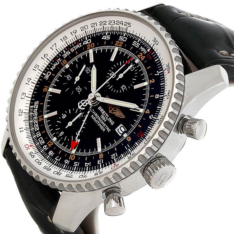 The image shows a close-up side angle of the Breitling Navitimer A24322 Men's Stainless Steel Black Dial A24322 Men's Stainless Steel Black Dial, highlighting the dial, crown, pushers, and part of the strap.
