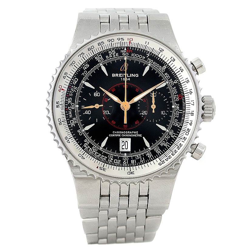 This image shows a front view of a Breitling Navitimer A23340 Men's Stainless Steel Black Dial A23340 Men's Stainless Steel Black Dial watch, featuring its face, bezel, chronograph dials, and metal bracelet.
