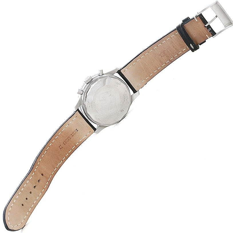 The image shows the back view of a Breitling Navitimer A13330 Men's Stainless Steel Silver Dial A13330 Men's Stainless Steel Silver Dial watch, highlighting the leather strap and case back.