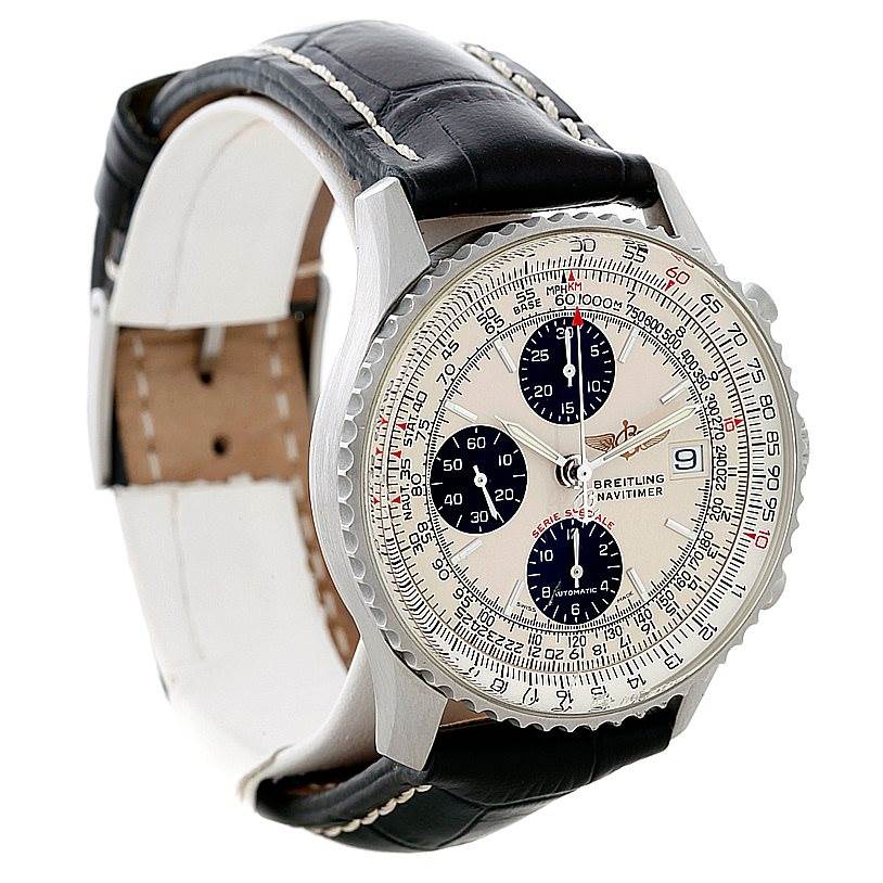 This Breitling Navitimer A13330 Men's Stainless Steel Silver Dial A13330 Men's Stainless Steel Silver Dial model watch is shown at a front angle, displaying the dial, bezel, and leather strap.
