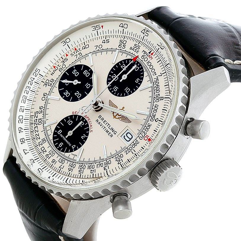 This image shows a Breitling Navitimer A13330 Men's Stainless Steel Silver Dial A13330 Men's Stainless Steel Silver Dial watch at an oblique angle, highlighting its dial, bezel, crown, and leather strap.