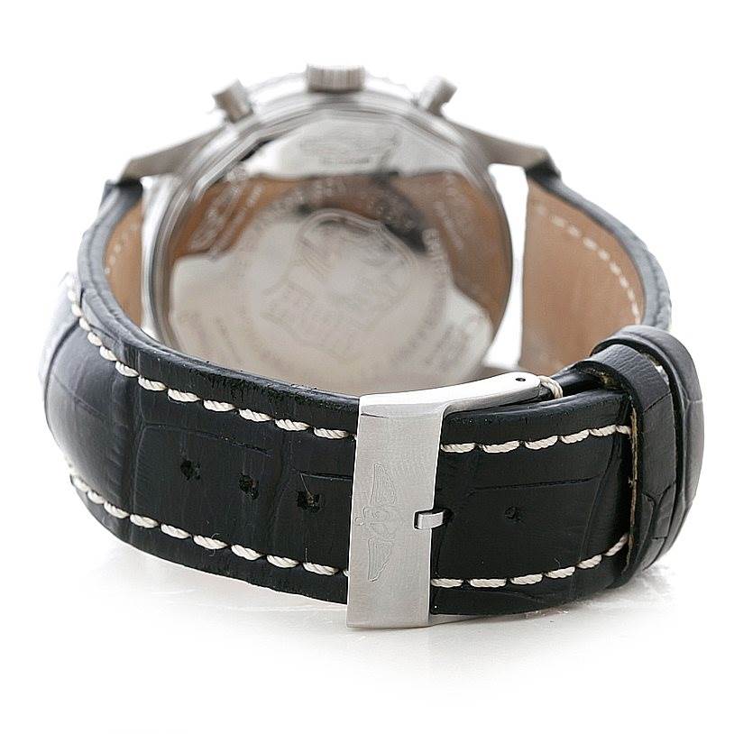 The image shows the rear view of a Breitling Navitimer A13330 Men's Stainless Steel Silver Dial A13330 Men's Stainless Steel Silver Dial watch, highlighting the clasp and leather strap.