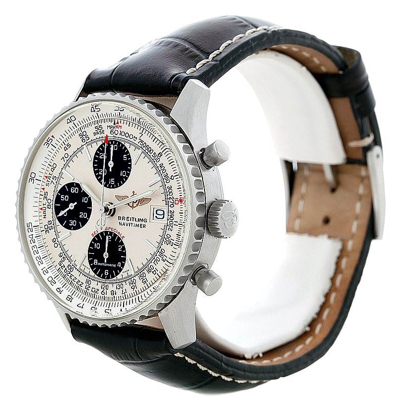 The Breitling Navitimer A13330 Men's Stainless Steel Silver Dial A13330 Men's Stainless Steel Silver Dial watch is shown from a three-quarter angle, displaying the face, bezel, crown, pushers, and leather strap.