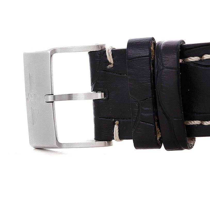 This image shows the buckle and part of the leather strap of a Breitling Navitimer A13330 Men's Stainless Steel Silver Dial A13330 Men's Stainless Steel Silver Dial watch.