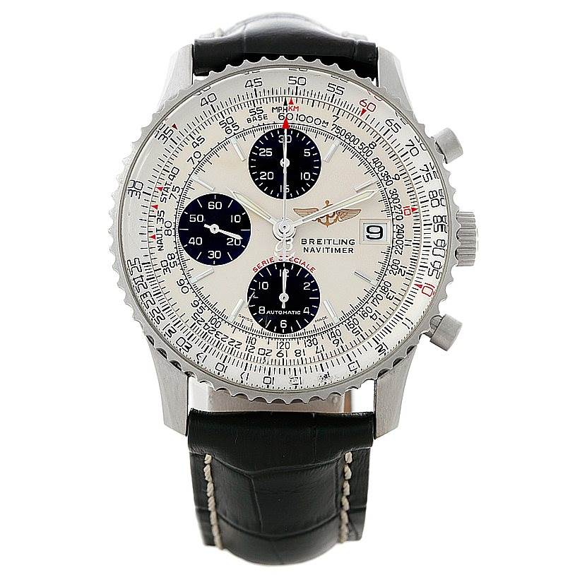 The image shows a front view of a Breitling Navitimer A13330 Men's Stainless Steel Silver Dial A13330 Men's Stainless Steel Silver Dial watch with a black leather strap and a detailed dial.