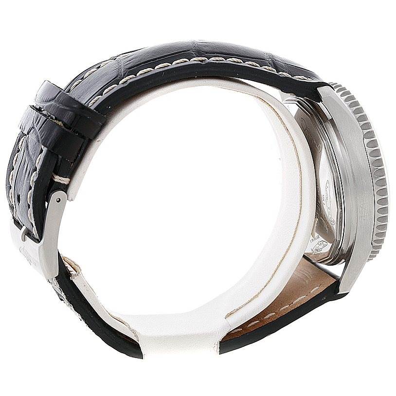 Side view of the Breitling Navitimer A13330 Men's Stainless Steel Silver Dial A13330 Men's Stainless Steel Silver Dial watch, showcasing the black leather strap and stainless steel case.