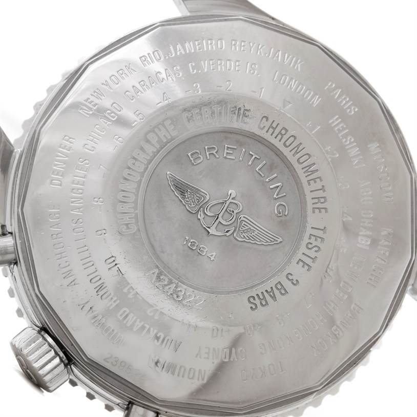 This image shows the back casing of a Breitling Navitimer A24322 Men
s Stainless Steel Black Dial A24322 Men
s Stainless Steel Black Dial watch, highlighting its engraved details and branding.