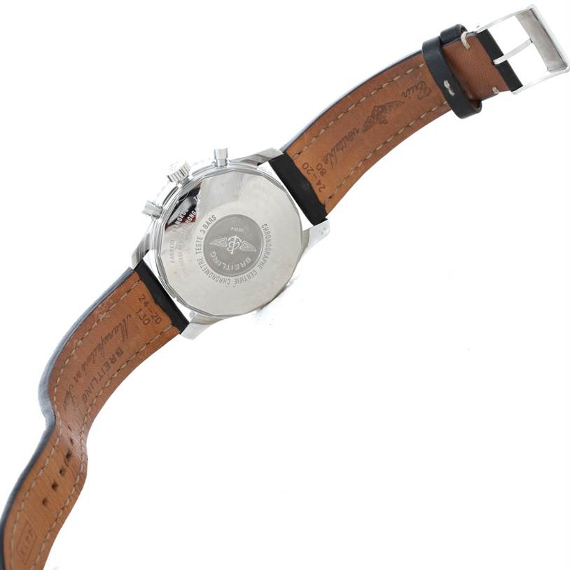 This image shows the back case and leather strap of the Breitling Navitimer A24322 Men
s Stainless Steel Black Dial A24322 Men
s Stainless Steel Black Dial watch at an angled view.