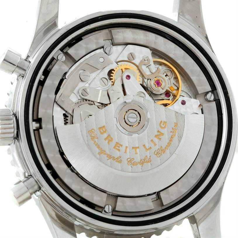 This image shows the movement mechanism of a Breitling Navitimer A24322 Men
s Stainless Steel Black Dial A24322 Men
s Stainless Steel Black Dial watch, viewed from the back.