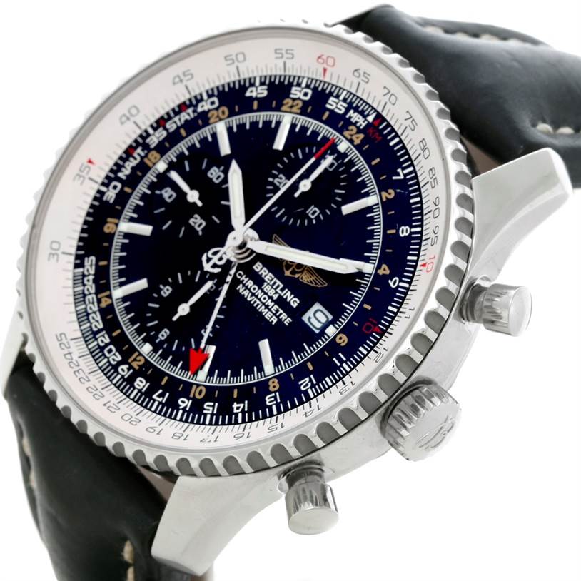 The Breitling Navitimer A24322 Men
s Stainless Steel Black Dial A24322 Men
s Stainless Steel Black Dial watch is shown at an oblique angle, displaying the face, bezel, crown, and pushers prominently.