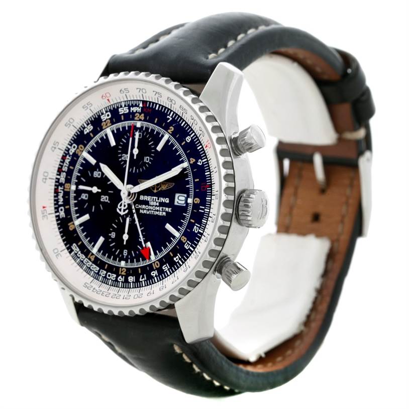 This image shows a Breitling Navitimer A24322 Men
s Stainless Steel Black Dial A24322 Men
s Stainless Steel Black Dial watch at a slight angled side view, highlighting the face, bezel, crown, and pushers on its leather strap.