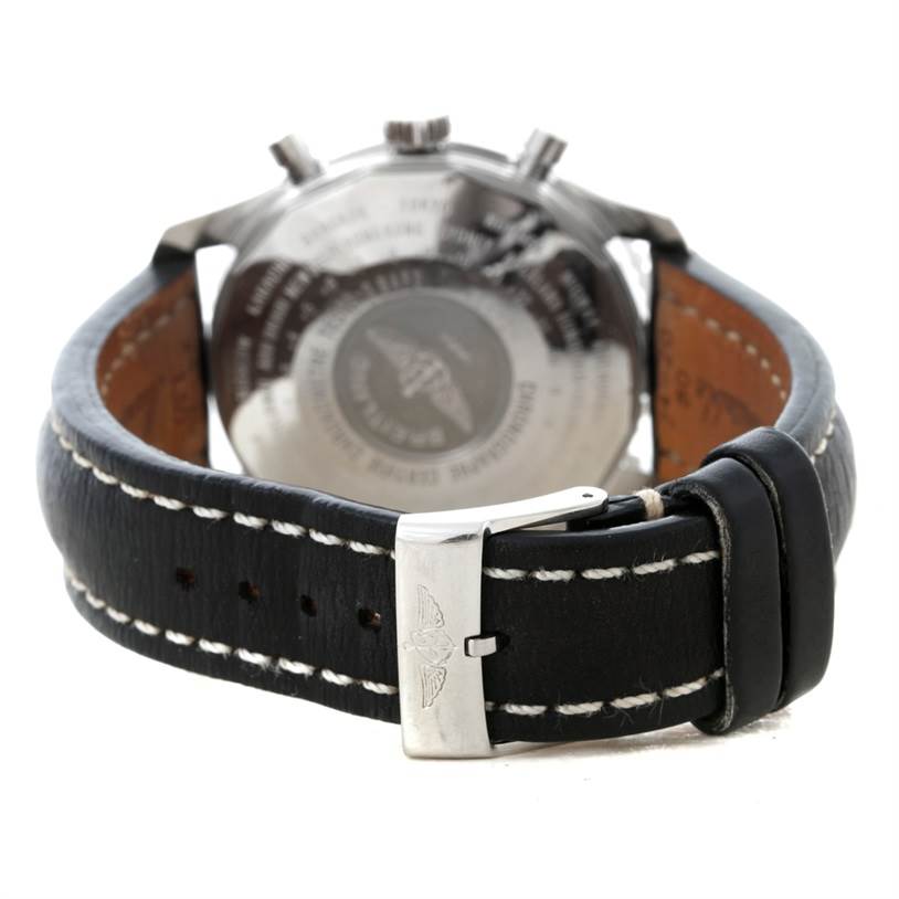 The image shows the back case and leather strap, including the buckle, of the Breitling Navitimer A24322 Men
s Stainless Steel Black Dial A24322 Men
s Stainless Steel Black Dial watch.