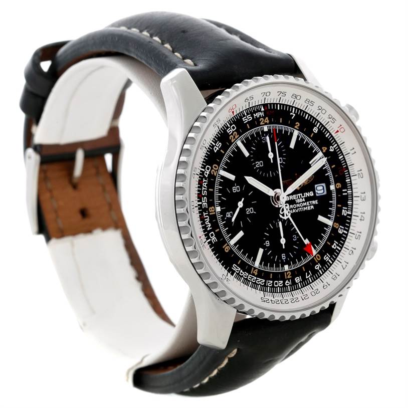 The image shows a side and front angle of a Breitling Navitimer A24322 Men
s Stainless Steel Black Dial A24322 Men
s Stainless Steel Black Dial watch, displaying its bezel, dial, and leather strap.