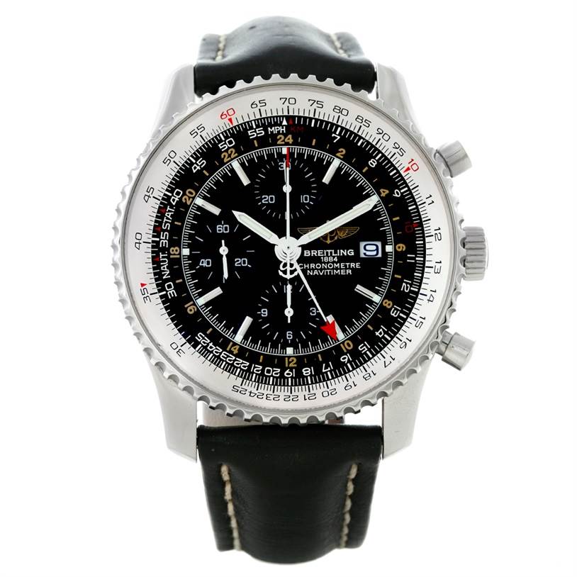 The image shows a front view of a Breitling Navitimer A24322 Men
s Stainless Steel Black Dial A24322 Men
s Stainless Steel Black Dial watch with a black leather strap and a detailed chronograph dial.