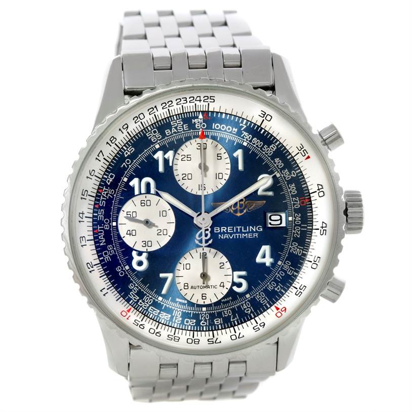 The image shows a front view of a Breitling Navitimer A13022 Men's Stainless Steel Blue Dial A13022 Men's Stainless Steel Blue Dial watch with its face, bezel, and metal bracelet.