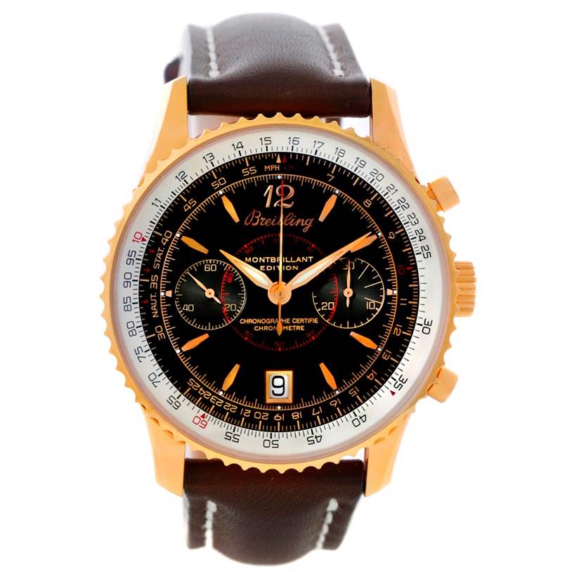 This image shows a front view of a Breitling Navitimer H48330 Men's Rose Gold Black Dial H48330 Men's Rose Gold Black Dial Montbrillant Edition watch with a visible chronograph, bezel, and leather strap.