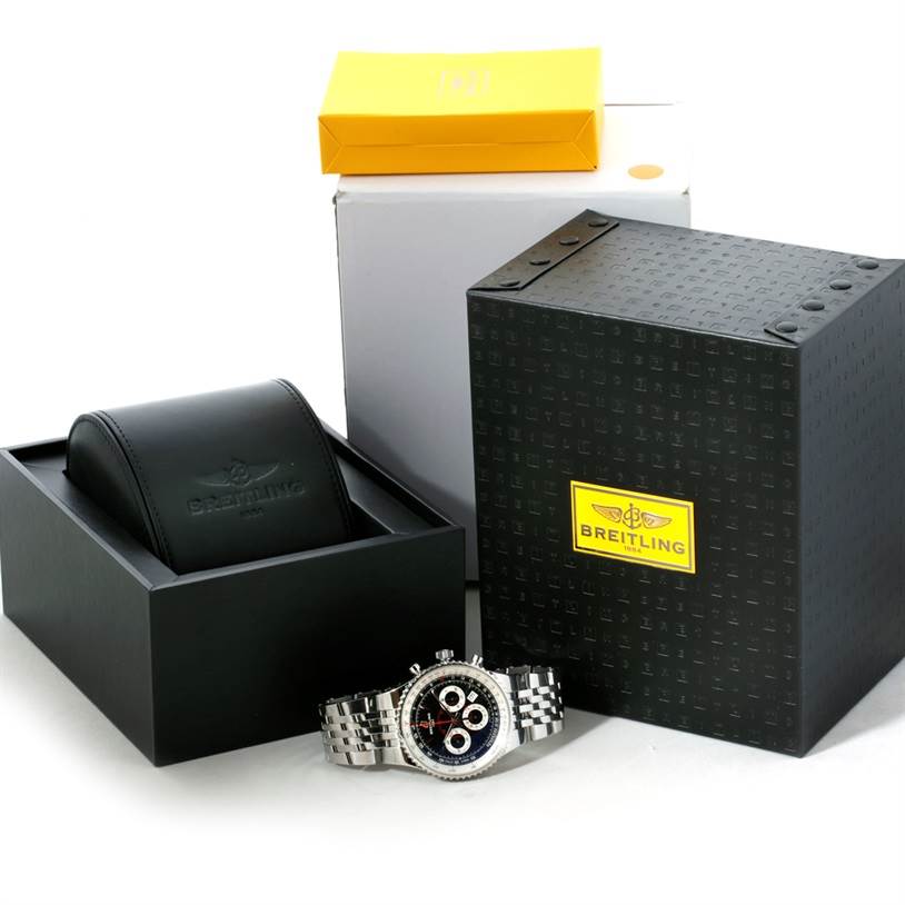 This image shows a Breitling Navitimer A23351 Men's Stainless Steel Black Dial A23351 Men's Stainless Steel Black Dial watch with its box, a leather case, and additional packaging from an angled front view.