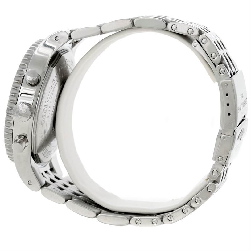 This side view of the Breitling Navitimer A23351 Men's Stainless Steel Black Dial A23351 Men's Stainless Steel Black Dial watch shows its case, crown, pushers, and metal bracelet.