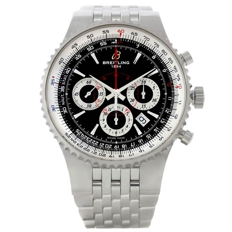 The image shows a frontal view of the Breitling Navitimer A23351 Men's Stainless Steel Black Dial A23351 Men's Stainless Steel Black Dial watch, displaying its face, bezel, and metal bracelet.