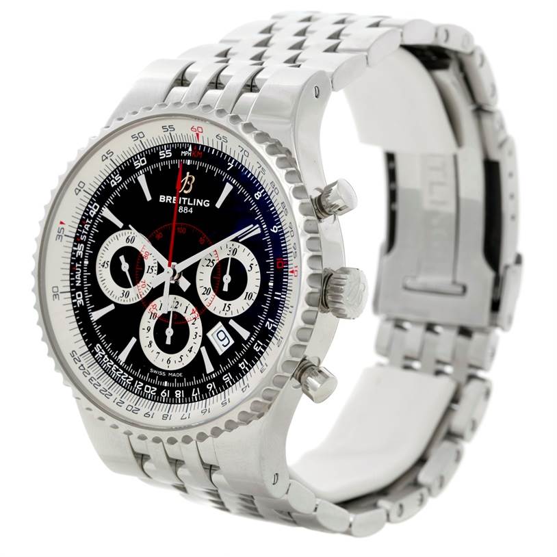 The image shows a Breitling Navitimer A23351 Men's Stainless Steel Black Dial A23351 Men's Stainless Steel Black Dial watch at a 3/4 angle, highlighting the dial, bracelet, and chronograph pushers.