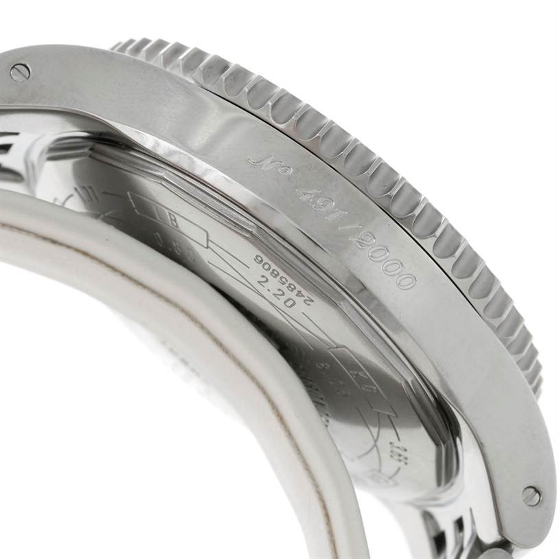 This image shows a close-up of the side and back of the Breitling Navitimer A23351 Men's Stainless Steel Black Dial A23351 Men's Stainless Steel Black Dial watch, highlighting the bezel and case back.