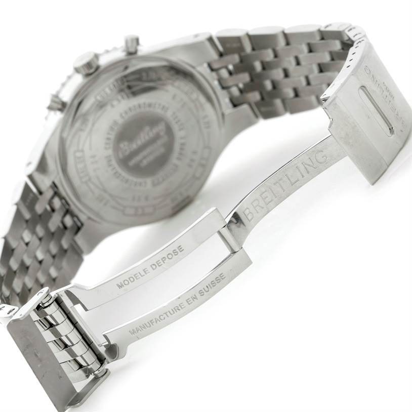 The image shows the back case and open clasp of the Breitling Navitimer A23351 Men's Stainless Steel Black Dial A23351 Men's Stainless Steel Black Dial watch, highlighting the engraved details.