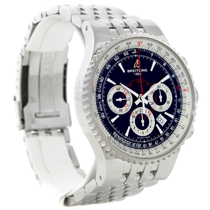 The Breitling Navitimer A23351 Men's Stainless Steel Black Dial A23351 Men's Stainless Steel Black Dial watch is shown at a slight angle, highlighting its dial, bezel, and metal bracelet.