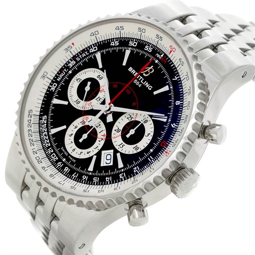 The image shows a close-up angled view of the Breitling Navitimer A23351 Men's Stainless Steel Black Dial A23351 Men's Stainless Steel Black Dial watch, highlighting the face, bezel, and part of the metal bracelet.