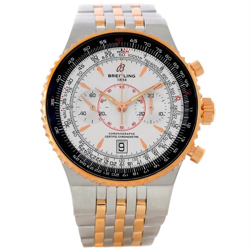 The image shows a front view of the dial and bracelet of a Breitling Navitimer C23340 Men's Steel and Gold (two tone) Silver Dial C23340 Men's Steel and Gold (two tone) Silver Dial watch, highlighting its intricate details and design.