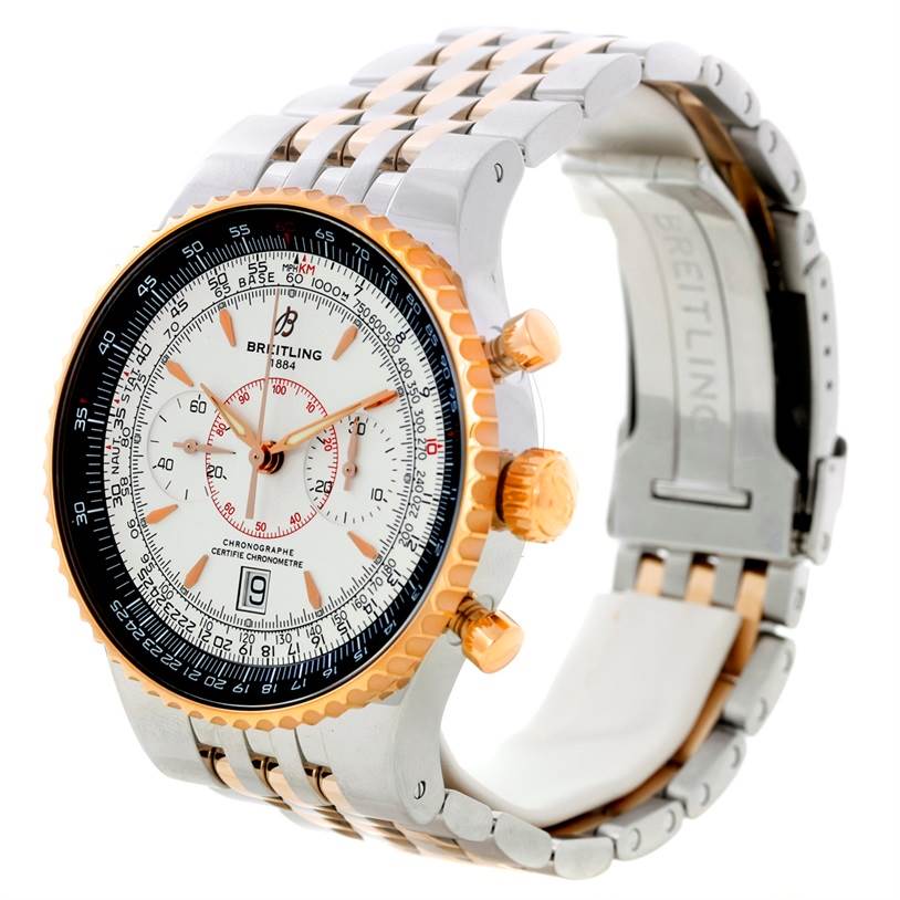 The image is of a Breitling Navitimer C23340 Men's Steel and Gold (two tone) Silver Dial C23340 Men's Steel and Gold (two tone) Silver Dial watch showing the front, bezel, dial, crown, pushers, and part of the metal bracelet.