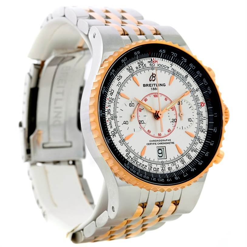 The Breitling Navitimer C23340 Men's Steel and Gold (two tone) Silver Dial C23340 Men's Steel and Gold (two tone) Silver Dial watch is shown at a three-quarter angle, displaying its face, bezel, and bracelet.