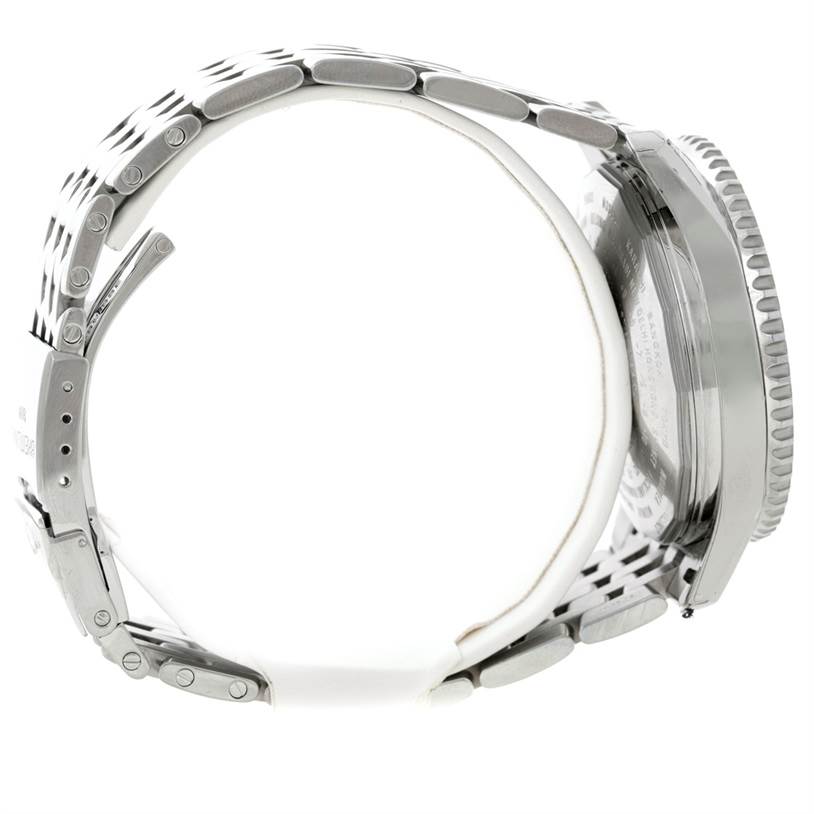 The image shows a side view of the Breitling Navitimer A24322 Men
s Stainless Steel Black Dial A24322 Men
s Stainless Steel Black Dial watch, highlighting its bracelet and case.