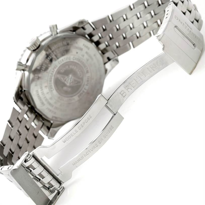 The image shows the underside and clasp of a Breitling Navitimer A24322 Men
s Stainless Steel Black Dial A24322 Men
s Stainless Steel Black Dial watch, highlighting the engraved branding.