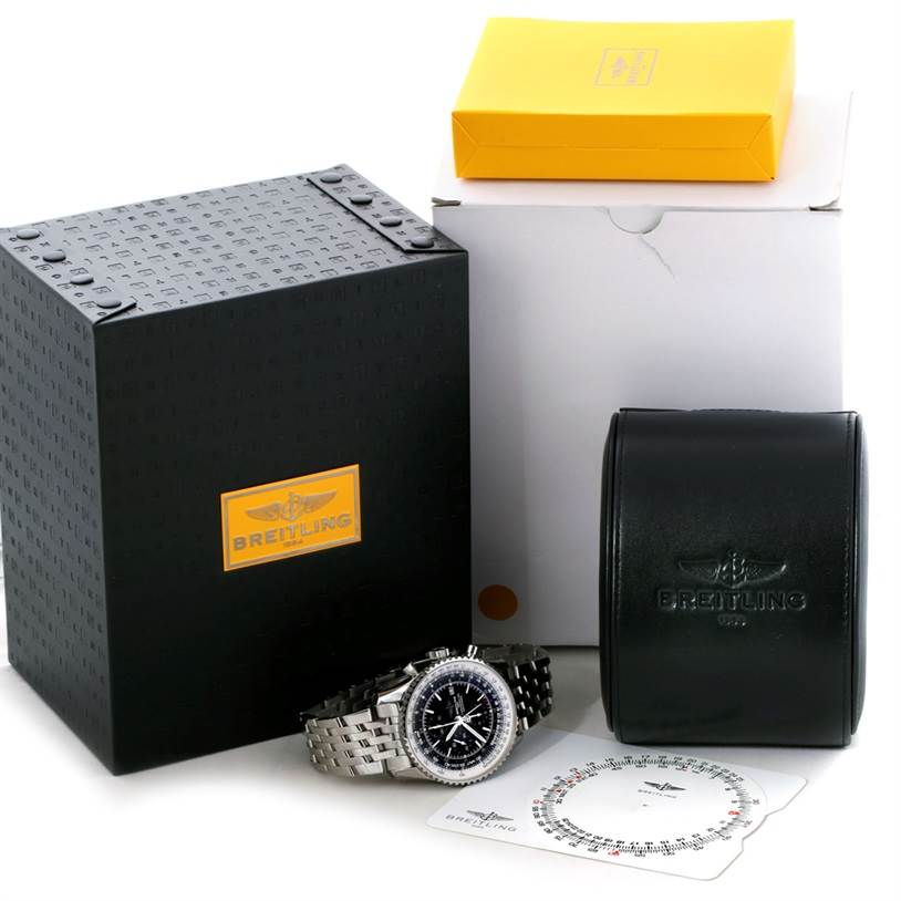 This image features a Breitling Navitimer A24322 Men
s Stainless Steel Black Dial A24322 Men
s Stainless Steel Black Dial watch with its original box, leather case, manual, and additional packaging.