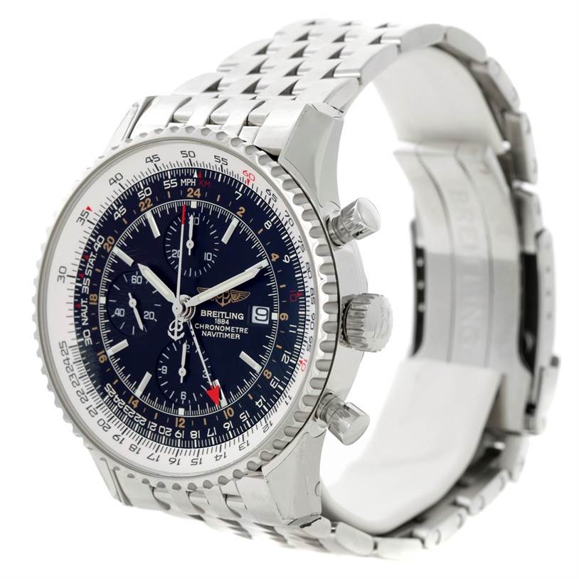 The image shows a side angle of the Breitling Navitimer A24322 Men
s Stainless Steel Black Dial A24322 Men
s Stainless Steel Black Dial watch, highlighting the face, bezel, crown, and bracelet.